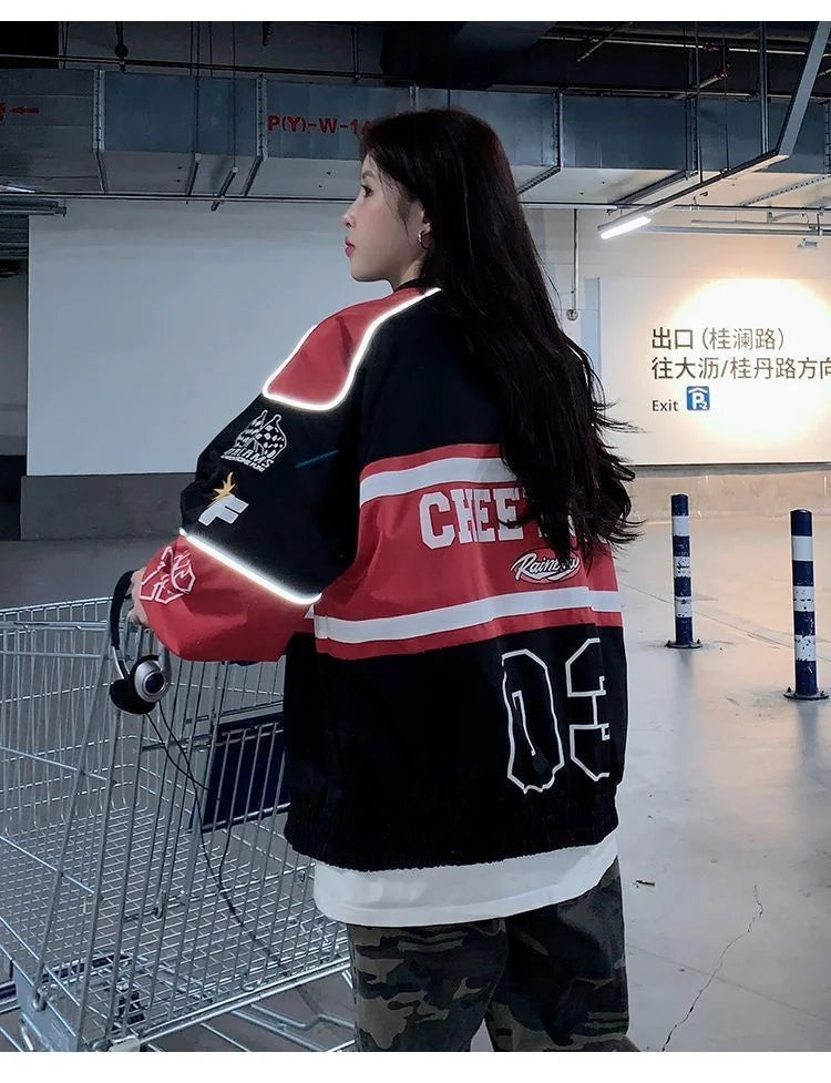 2023 Y2k Red White Bomber F1 Jacket Women Men Biker Racer Jacket Retro Hip Hop Grunge Clothes Trend Oversize Windbreaker Varsity