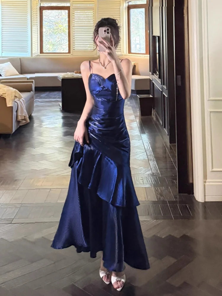 Elegant Romantic Party Women's Spaghetti Strap Dress Female Blue Ruffles Slim Fit Mermaid Dresses Chic Banquet Formal Gown