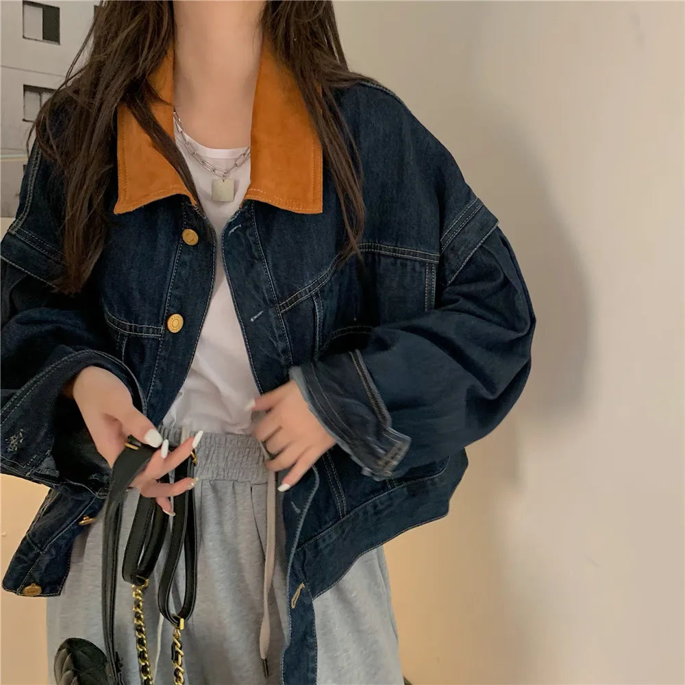Women's Corduroy Collar Denim Jaet ort Loose Fit Autumn Winter plus Size Versatile Retro Sle Top for Full Figured Ladies