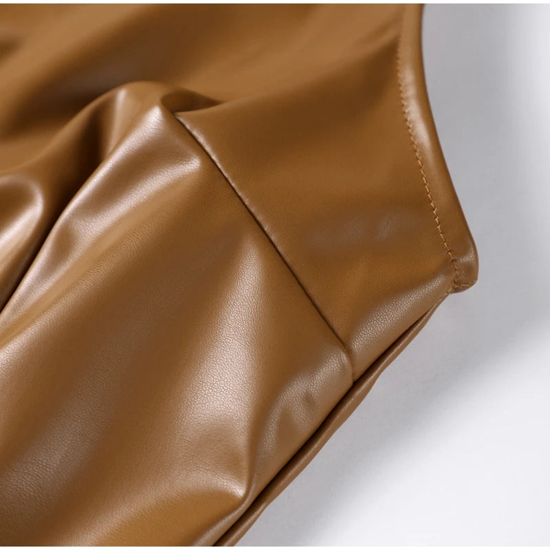 Vintage Midi Leather Dress Women Slim Turtleneck Sleeveless Hip Package Female Dresses 2025 Spring Lady Elegant Party Vestidos