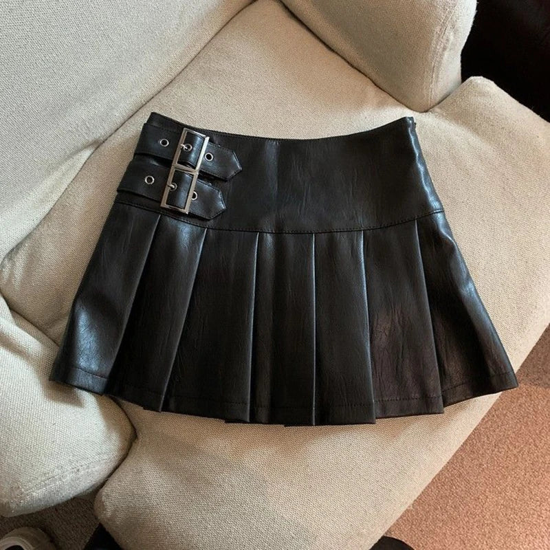 MEXZT S-3XL Y2K Pu Leather Mini Skirts Women Streetwear High Waist Pleated Skirt Vintage Korean Black Slim Casual A Line Skirts