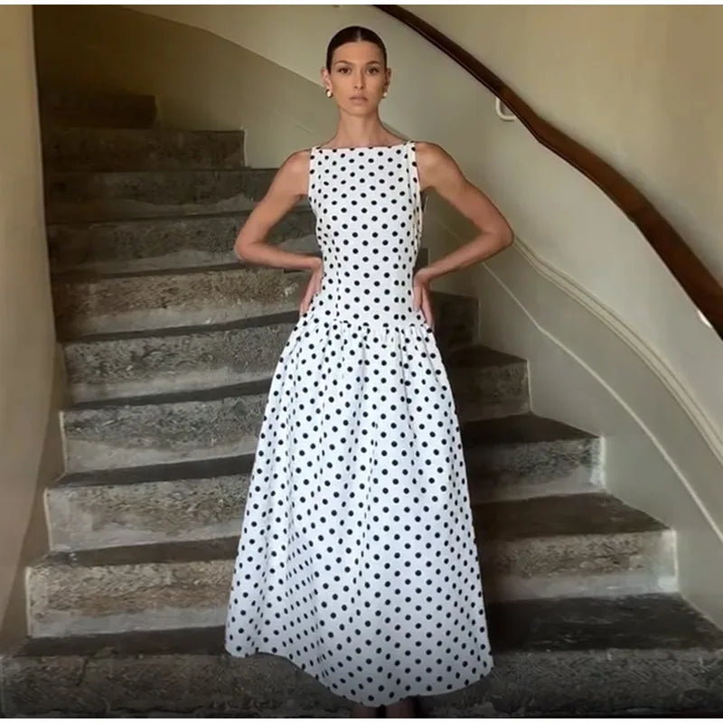 Elegant Women Polka Dot Maxi Dresses Chic Sleeveless Round Neck High Waist Slim Long Vestidos 2025 Lady Party Street New Dress