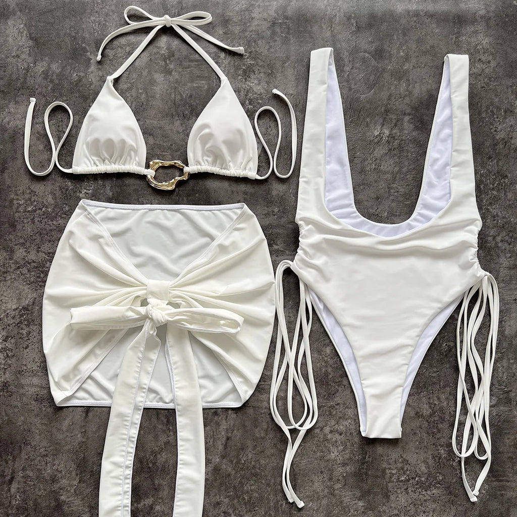 3 Piece Hollow Out Bikini Set Mini Skirt Women Swimsuit 2025 Swimwear Sexy Bikini Push Up Beachwer Bathing Suit Biquini Female