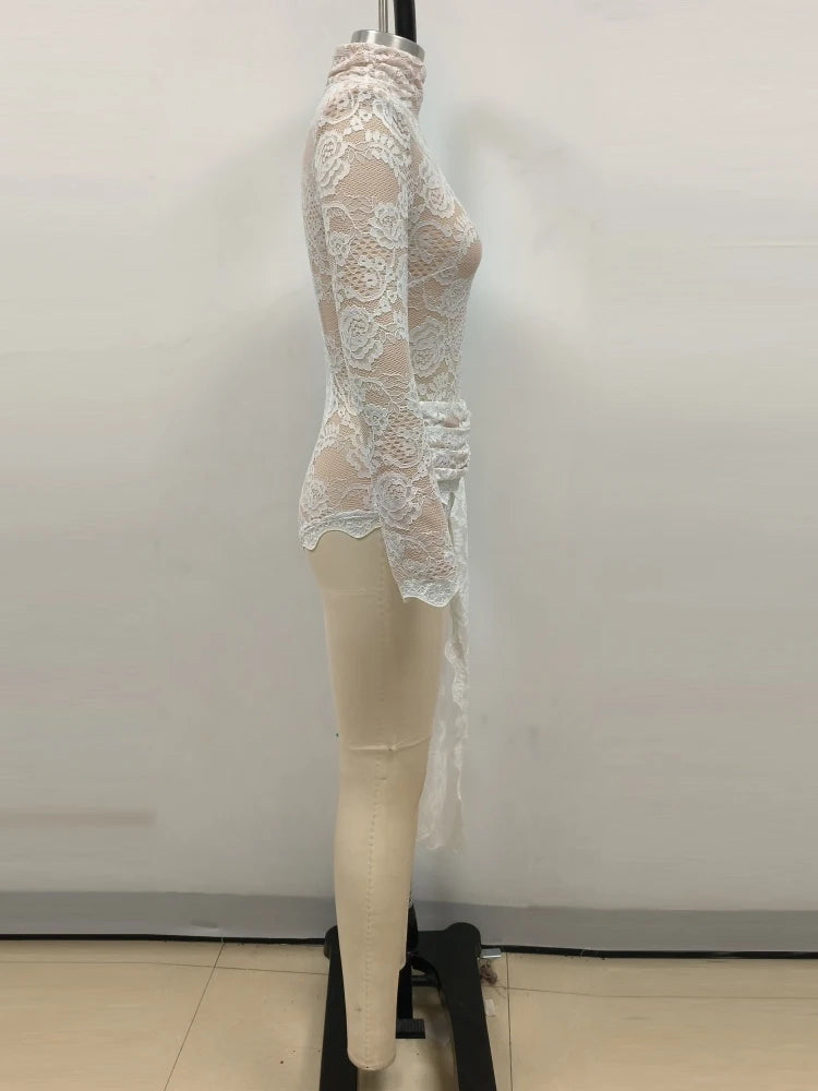 2024 New Autumn White Black Women Sexy Long Sleeve Lace Bodycon Draped Bodysuit Fashion Performance Costume Stage Wear