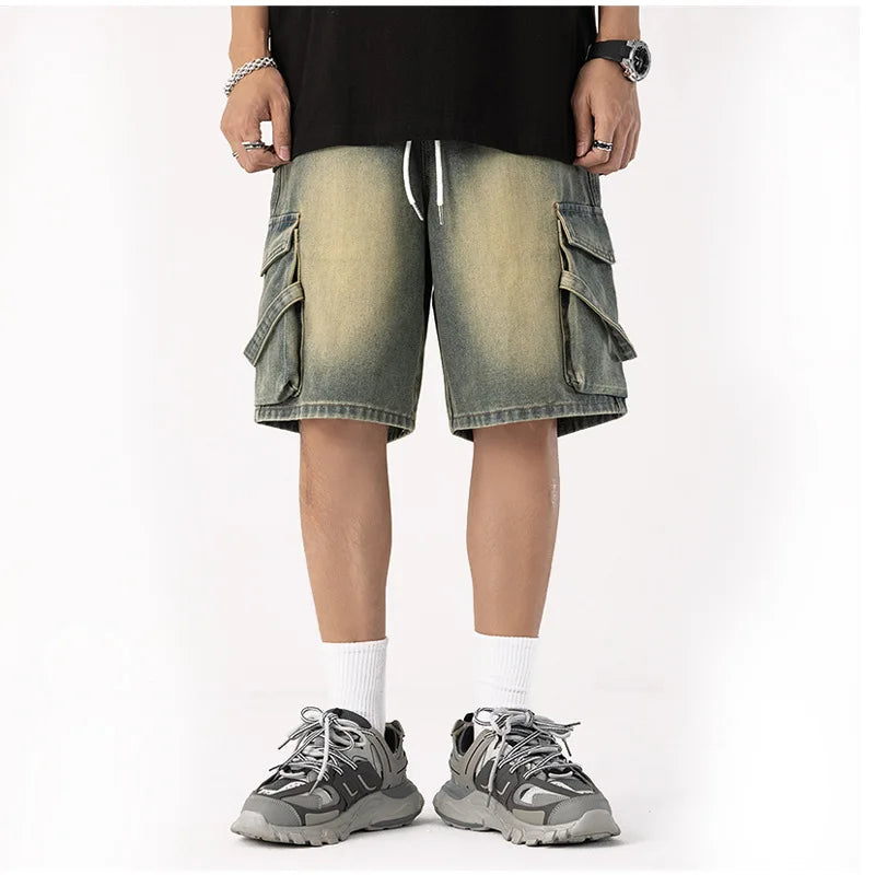 New Cowboy shorts, men's high-end personalized drawstring, loose casual denim five quarter pants, loose oversized wide leg pants