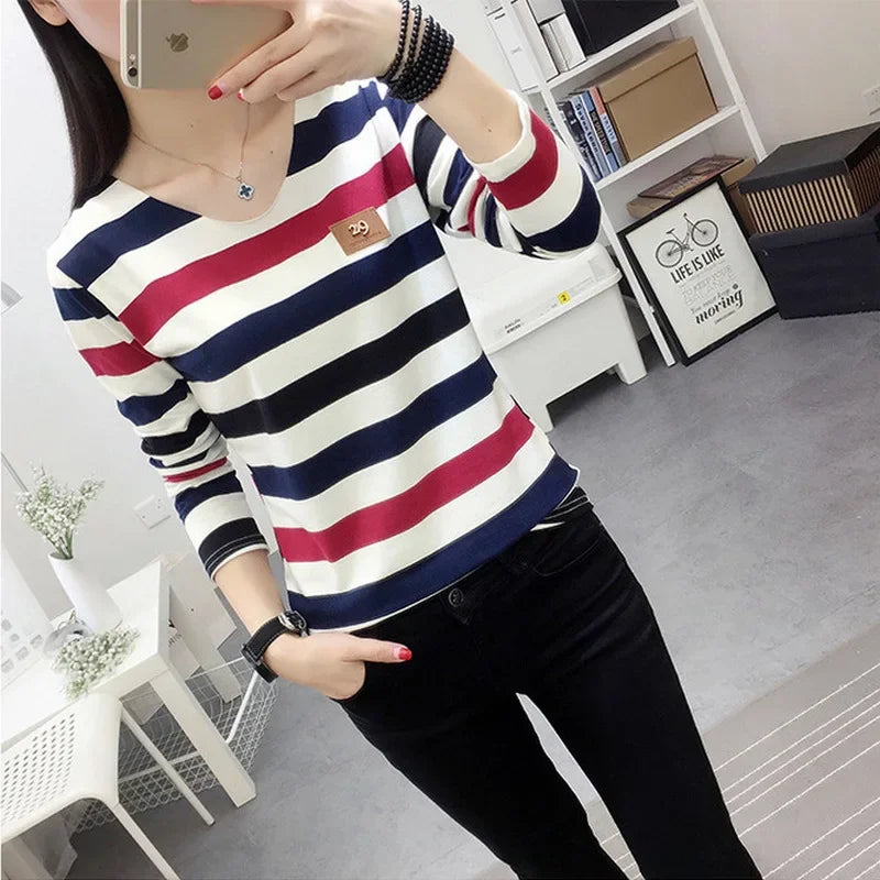 Korean Style Spring Autumn Women's T-shirt New Stripe Long Sleeve Top Slimming Base Layer Inner Outer Wear V-neck