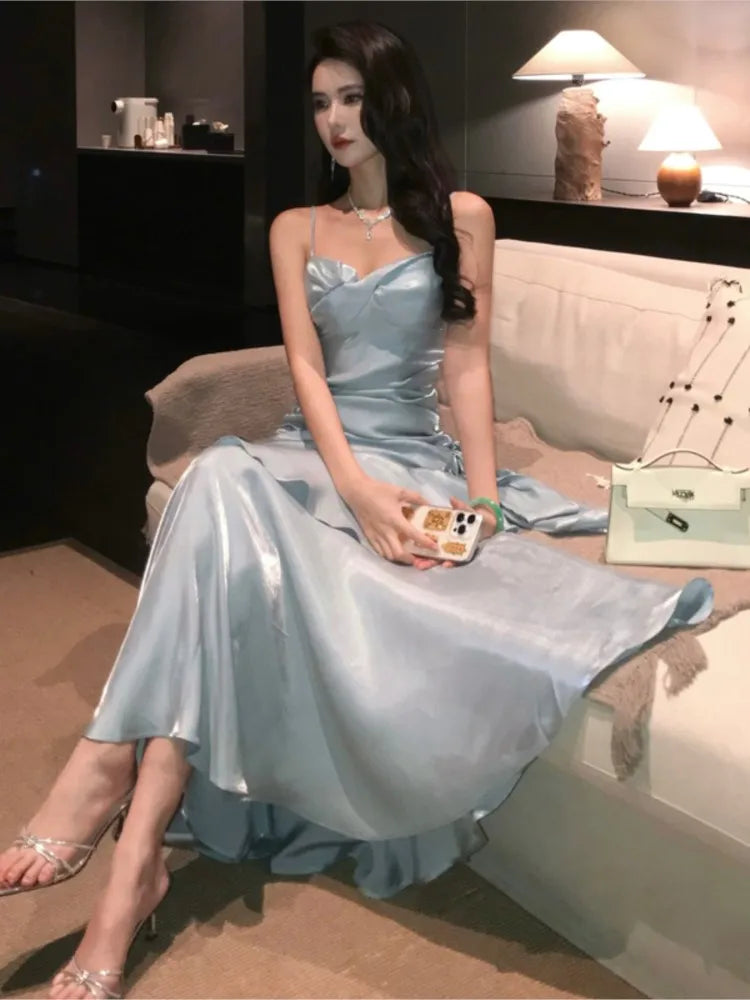 Elegant Romantic Party Women's Spaghetti Strap Dress Female Blue Ruffles Slim Fit Mermaid Dresses Chic Banquet Formal Gown