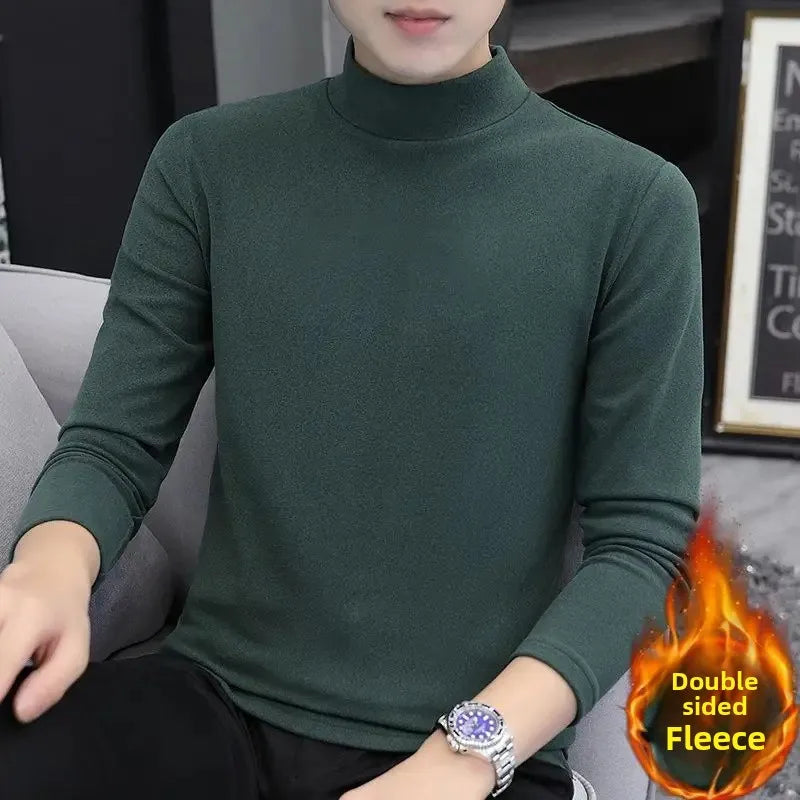 Men's Versatile Warm Flannel Double-Sided Inner Layer Top Half Polo/Turtle Neck Solid Color Long Sleeve Casual Spring Autumn
