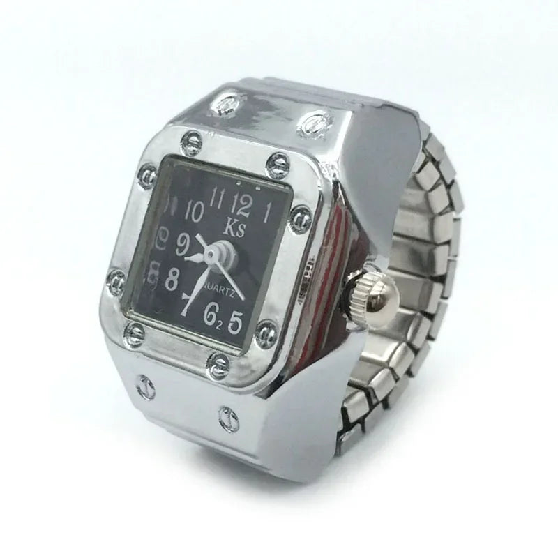 Colorful Watch Ring Women Men Retro Sliver Pointer Quartz Clock Finger Rings Punk Alloy Strap Watches Jewelry Accessories