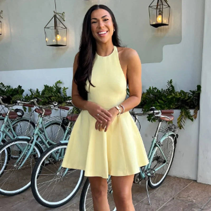 TRAF Halter Short Dress Womens Dresses Red Yellow Dress Woman Summer 2025 Ruffled Backless Sleeveless Vestidos Elegant Dress 066