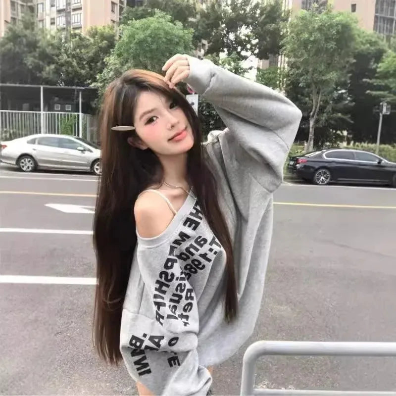Shoulder Bared Vintage Print Letter Long Sleeve Sweatshirt Women's Autumn New Style Small Audience Oblique Shoulder Irregular Lo