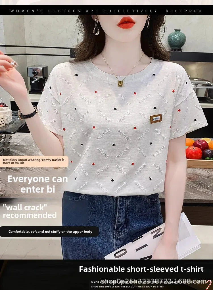 Summer Women's Loose-Fit Plus Size White Half-Sleeve T-Shirt New Style Casual Crew Neck Decorative Bodysuit Top Ins Trendy