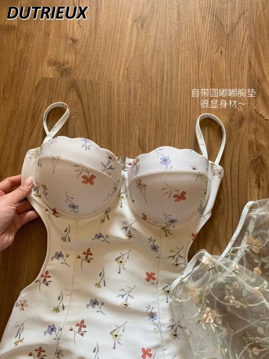 Summer Seaside Holiday Print Swimwear Shoulder Straps Backless Sexy Hot Spring Ins Style Slimming French One Piece Swimsuit