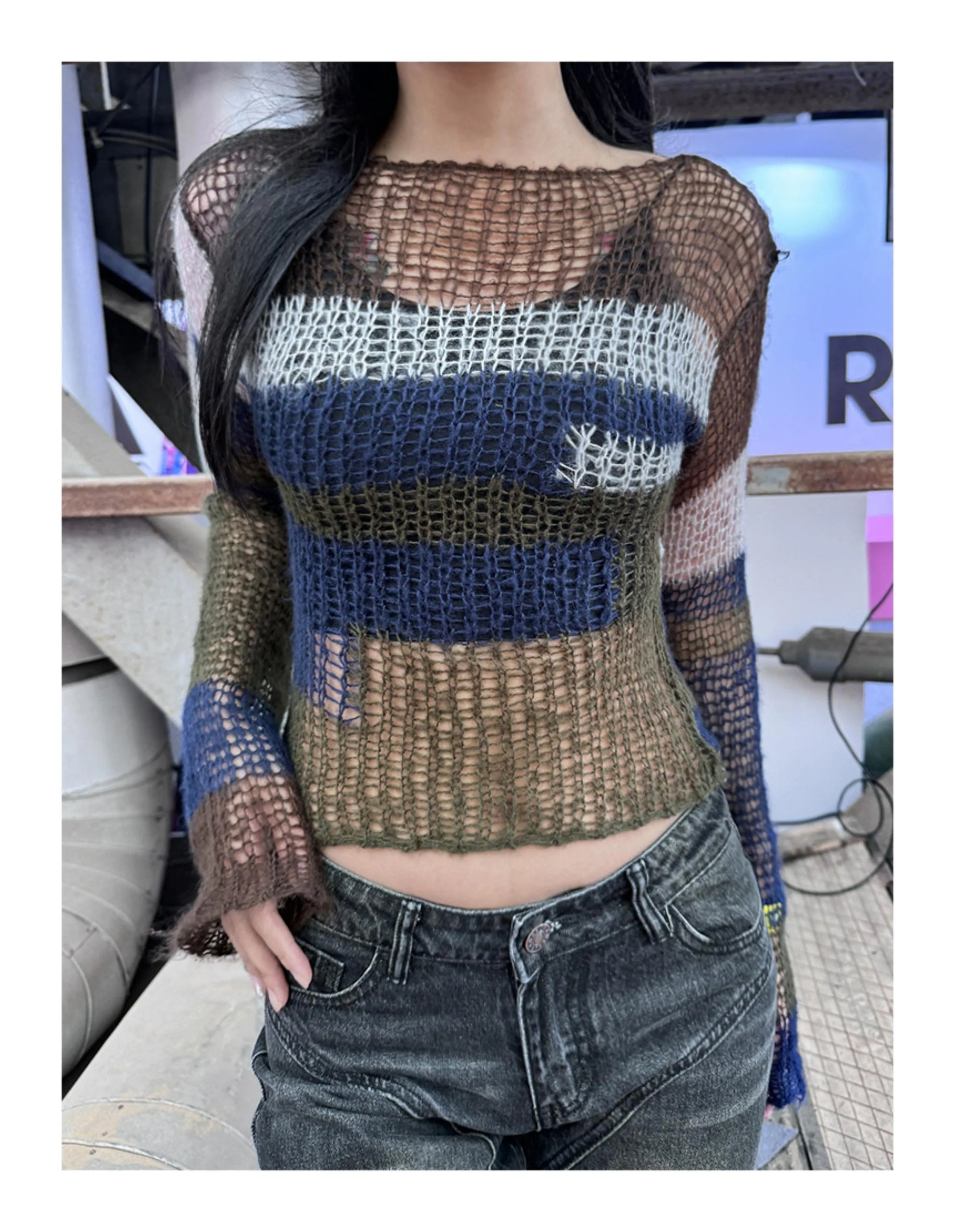 Karrram Y2k Aesthetics Crop Knit Tops Vintage Grunge Hollow Out Jumpers Japanese 2000s Hole Pullover Korean Dongdaemun Knitwear
