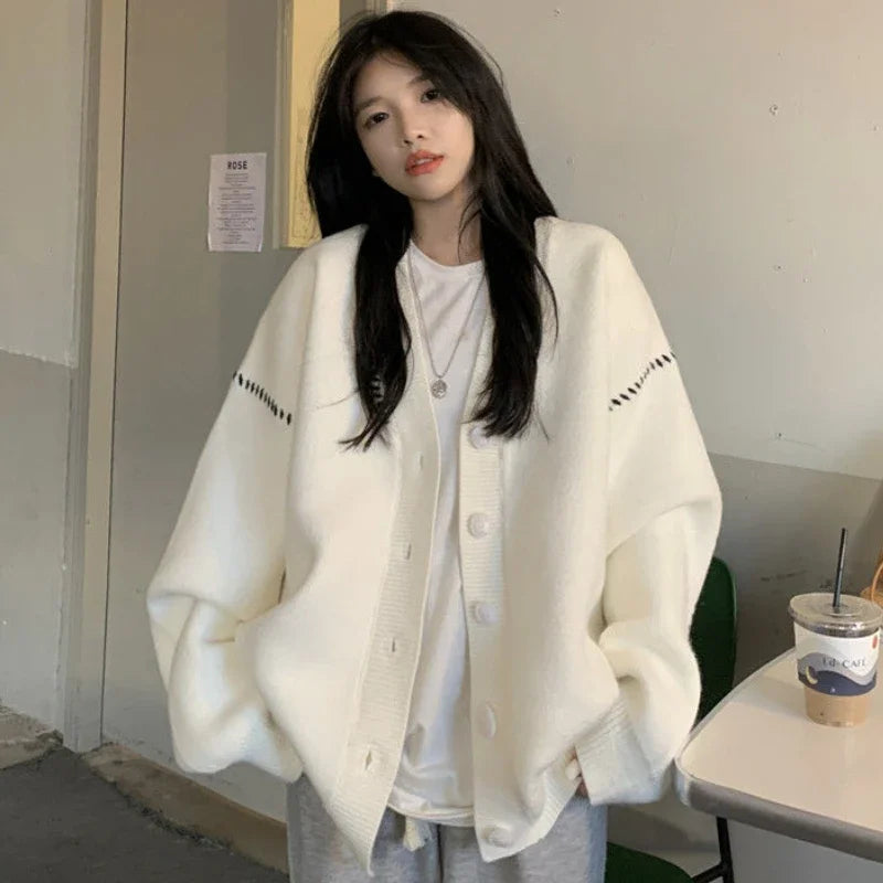 Autumn and Winter Lazy Style V-neck Knitted Sweater Cardigan Women Korean Version Loose Casual All-match Sweater Cardigan Coat