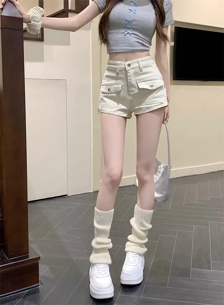 Sexy Hottie Slim Denim Shorts Women Summer Simplicity Office Lady Solid Color Cargo Fashion High Waist Appear Thin Wide Leg