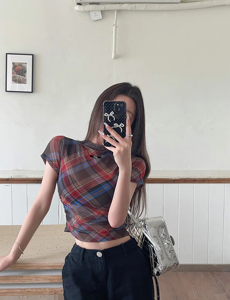 Genayooa Y2k Vintage Mesh Tops Short Sleeve See Through Plaid T Shirt Women Streetwear 2000s Japanese Fariycore Tee Tops Summer