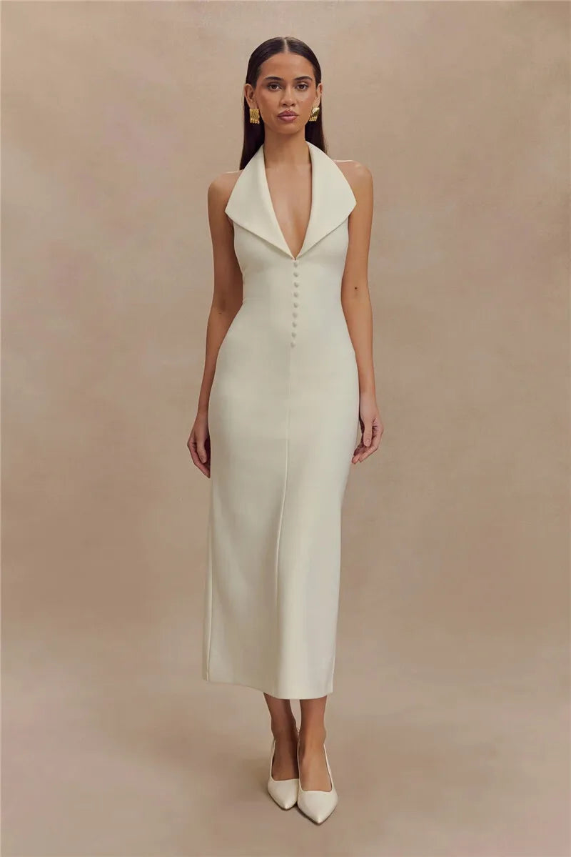 Mozision Halter Deep V Neck Sleeveless Sexy Maxi Dress For Women Elegant Backless Bodycon Tank Dress Femme Fashion Long Dress