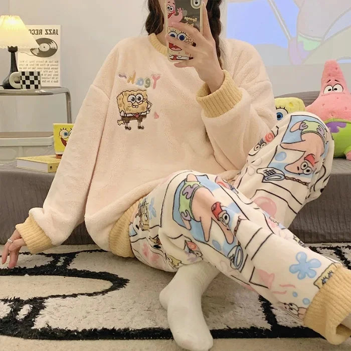 Transborder Flannel Pyjamas Women's Autumn Winter Round Neck Long Sleeve Cute Japanese Cartoon Student Warm Home Clothes Set