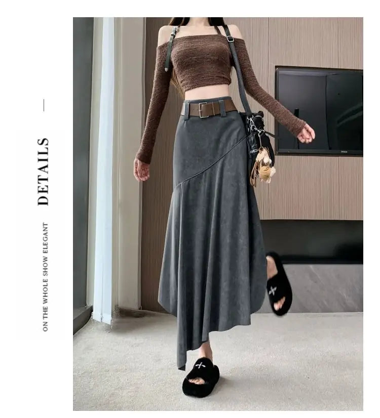 Women Clothing Autumn Korean Fashion Vintage High Waist Asymmetrical Skirts Female Elegant Chic Tie Dye Slim Long Skirt Faldas