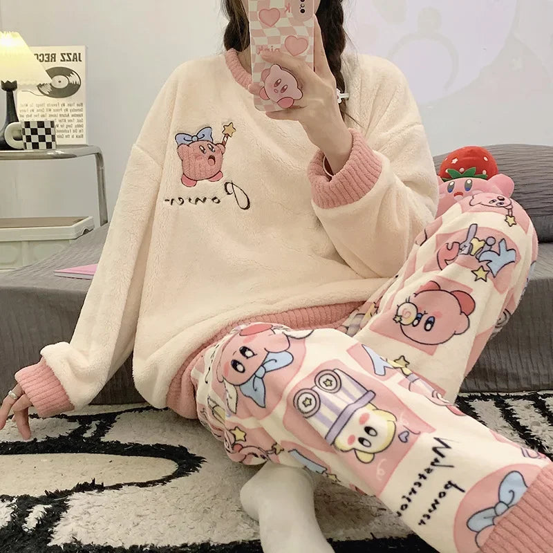 Transborder Flannel Pyjamas Women's Autumn Winter Round Neck Long Sleeve Cute Japanese Cartoon Student Warm Home Clothes Set