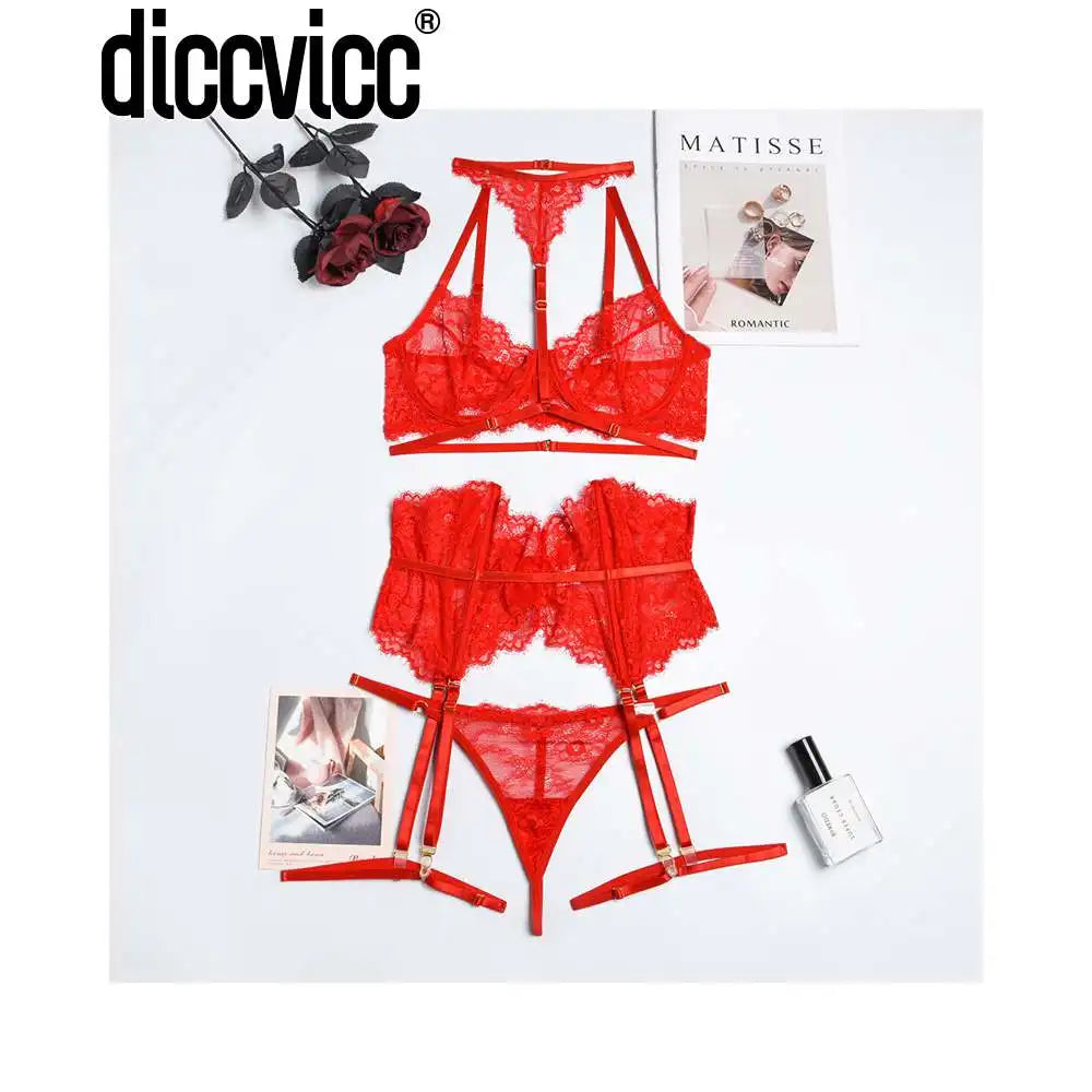 Diccvicc Beautiful Lingerie Eyelash Elegant Transparent Lace Bra Panty Set Floral Embroidery Women Sexy Underwear Exotic Outfit