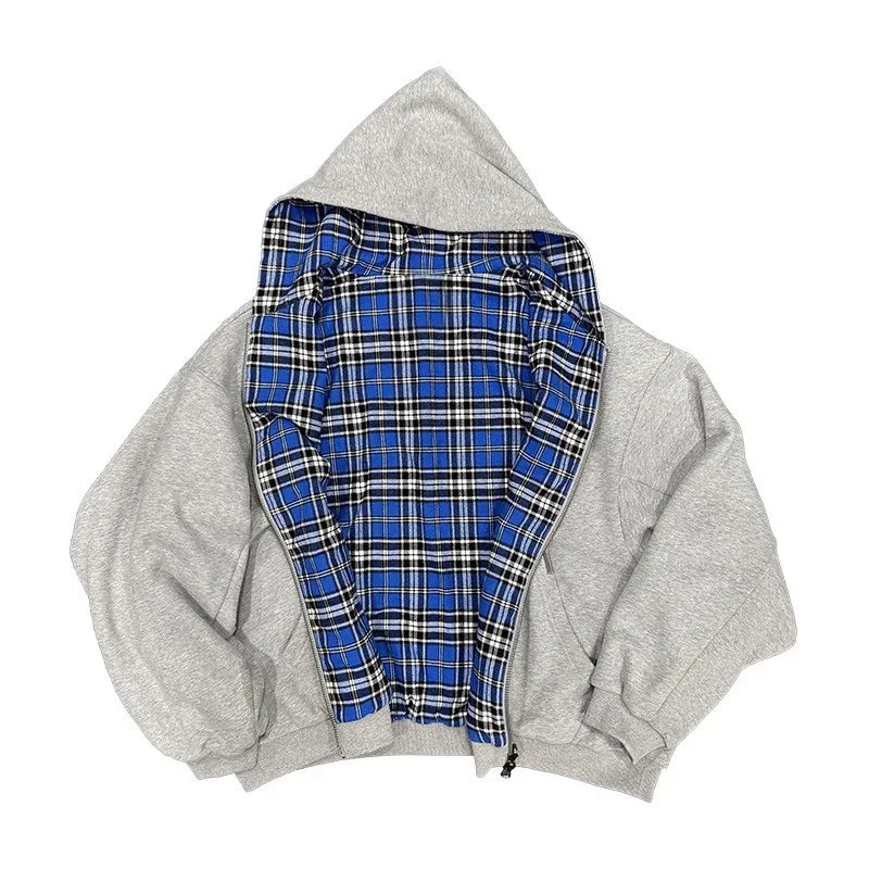 Casual Spring Oversized Reversible Hoodies for Men Street Clothes Hoodie with Plaid Lining Solid Color Sweatshirt Streetwear