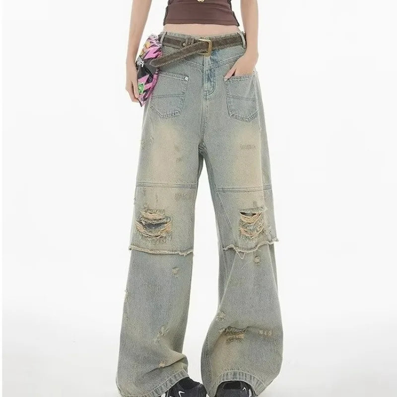 American High Street Wasteland Style Ripped Jeans Spring and Summer Loose Washing and Old Wide-leg Japanese and Korean Baggy