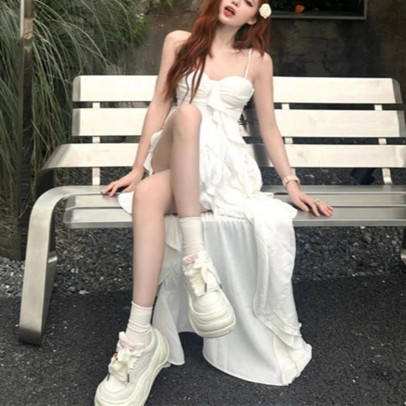 2025 Elegant Ruffle Hem High Low Dress Womens Sleeveless Spaghetti Strap White Gothic Vintage Fairycore Aesthetic Midi Dress