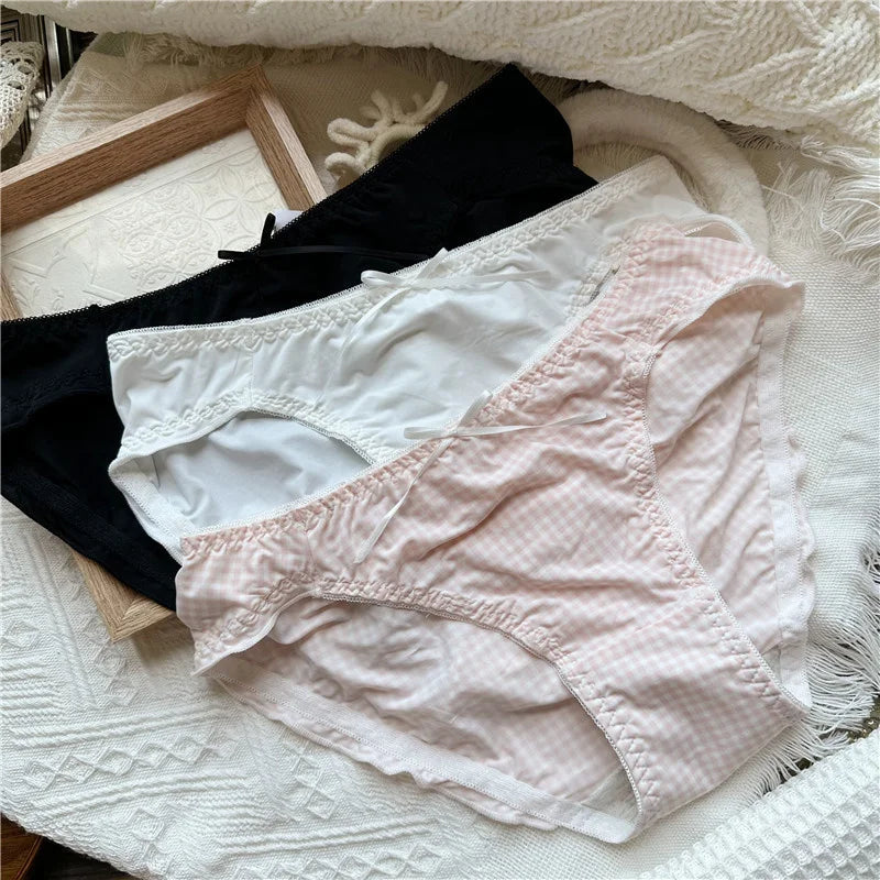SP&CITY Dot Patterned Ice Silk Cute Women's Panties Ow Waist Cartoon Printed Sweet Plaid Ruffle Underwear Female Seamless Briefs