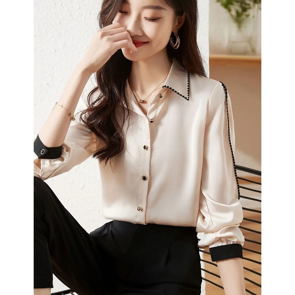 Spring Autumn Korean Fashion Polo-neck Elegant Patchwork Shirt Female Long Sleeve Cardigan All-match Top Women Buttons Blouse