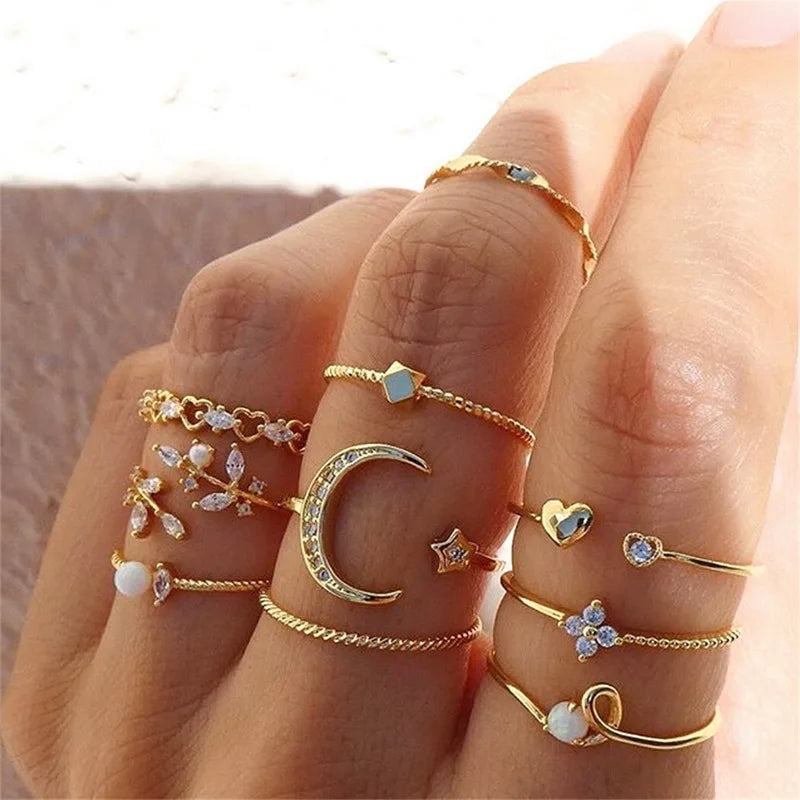 Vintage Shiny Zircon Butterfly Heart Ring Set Gold Color Boho Elegant Eyes Moon Geometric Rings Women Party Jewelry