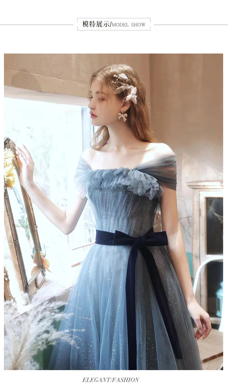 New greydish blue long sweat lady girl women princess bridesmaid banquet party prom dress gown