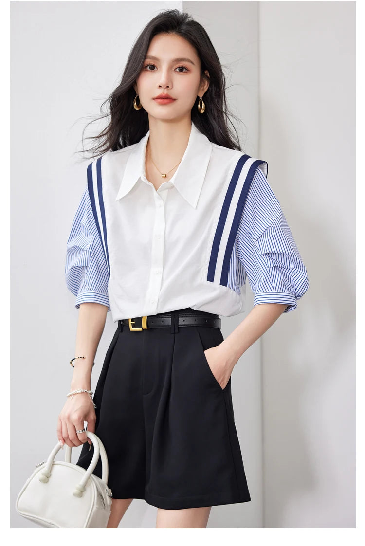 French Elegant Office Lady Shirt Female 2024 Spring Striped Contrasting Color Long-Sleeved Temperament Slim Top Fashion Blouse