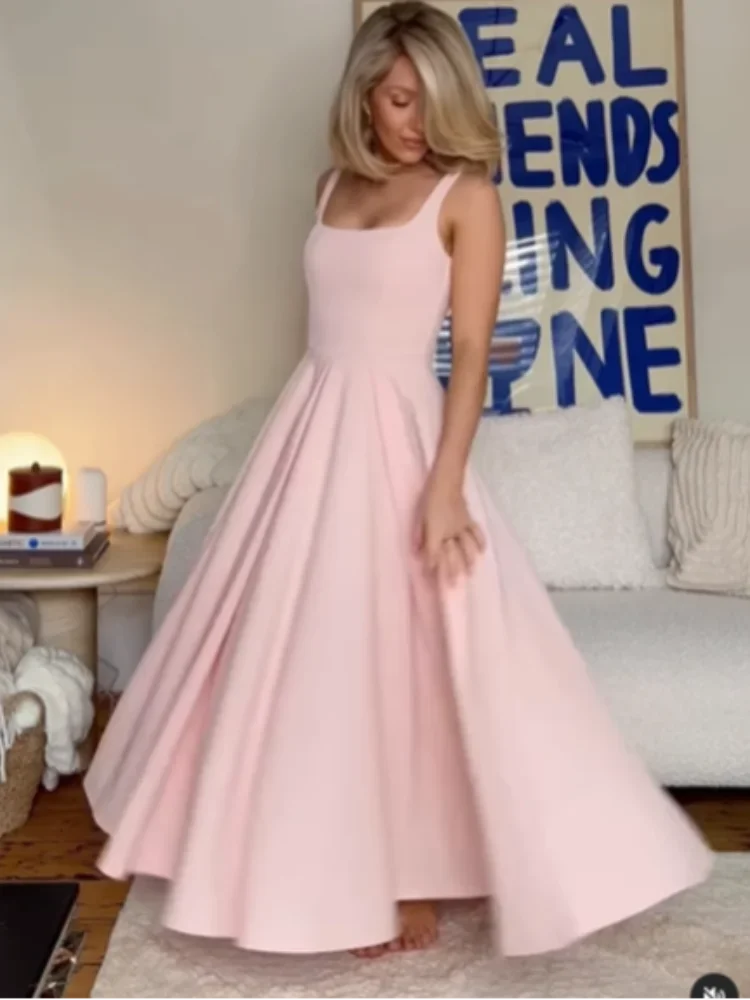 Women Fashion Plaids Pleated High Waist A-line Dress Elegant Sleeveless Backless Slim Long Dresses Summer New Party Streetwear