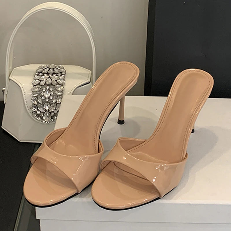 Liyke Wine Red Patent Leather Women Slippers Sandals Fashion Round Open Toe Thin High Heels Mules Slides Summer Party Dress Shoe