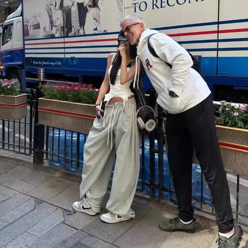 【 Wide Leg Fashion 】 Design Sense Grey Wide Leg Sanitary Pants for Women 2025 Spring Loose and Slim Versatile Casual Sports Pant