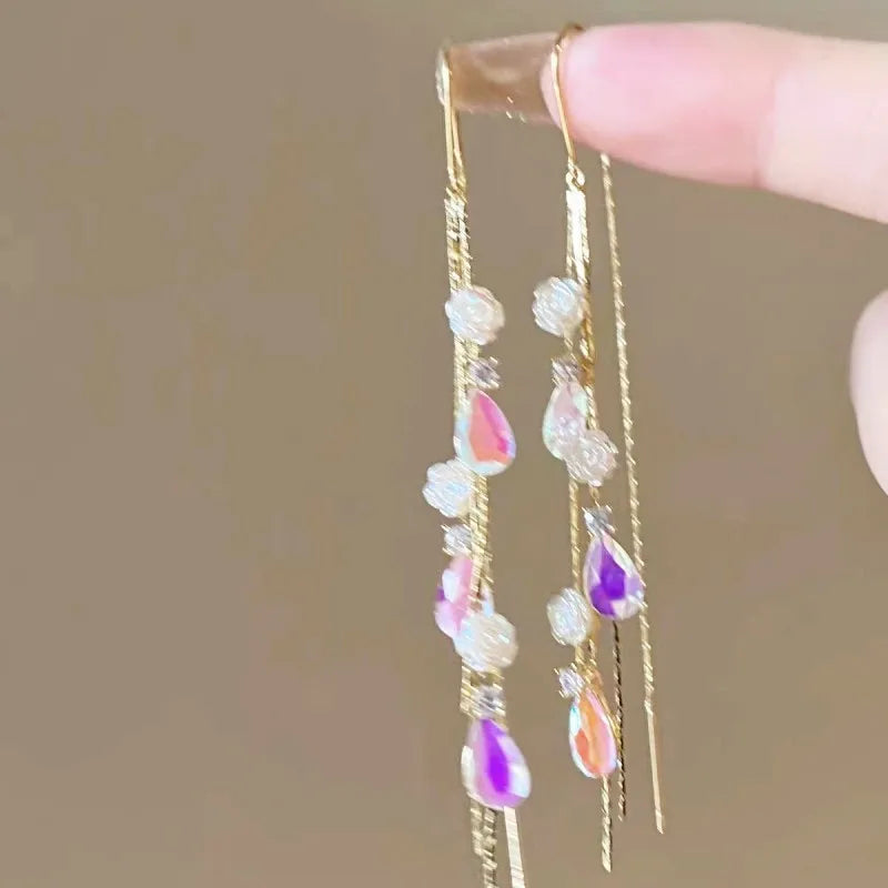 New Blue Heart Shaped Zircon Earrings For Women Light Luxury Long Tassel Ear Wire Dangle Earring Ladies Wedding Party Jewelry