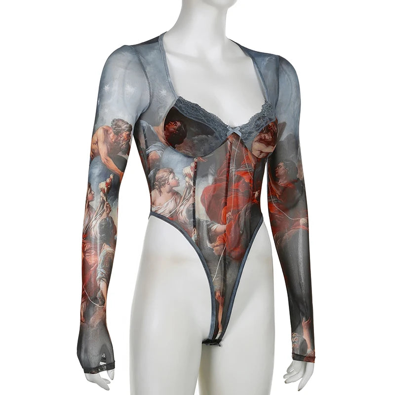 Rockmore  Vintage Printed Mesh Bodysuits Women Lace Bow Square Neck High Waist Wrapping Long Sleeve Bodysuit Halloween Christmas