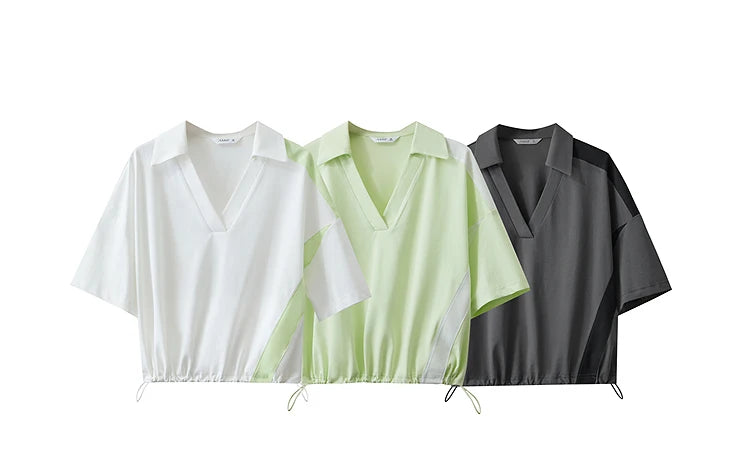 Amii Minimalist Cotton T-Shirts For Women 2025 Summer New V-Neck Pullover Loose Short Shoulder Sleeve Chic Commute Tops 12552001