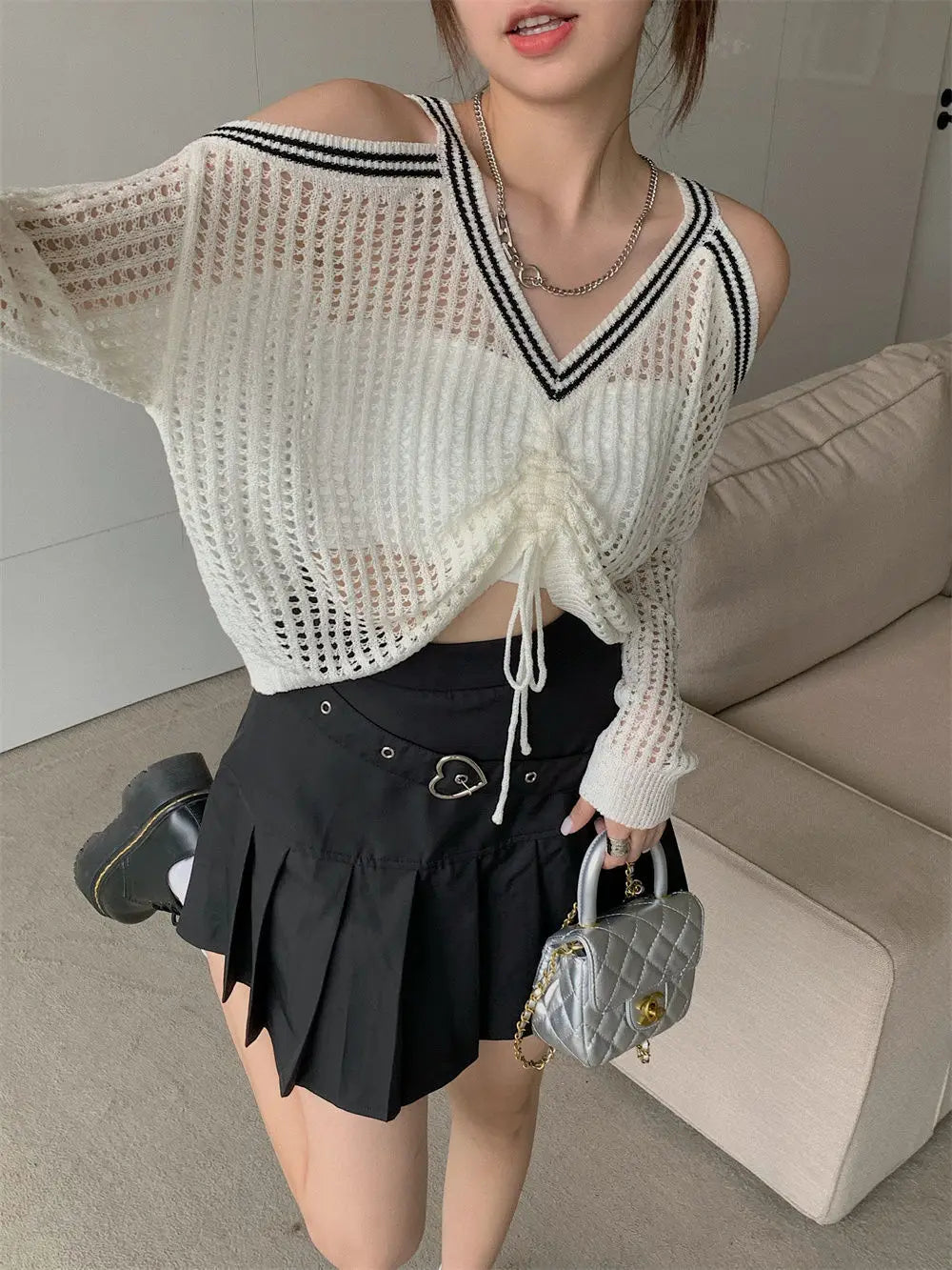 Off Shoulder Hollow Out Shirts Blouses Elegant and Youth Woman Blouse Drawstring Knitted V Neck Tops Vintage Y2k 2022 Fashion