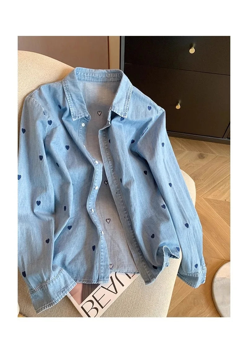 American Retro Blue Soft Denim Shirt Women's Spring Autumn Heart Print Thin Coat Casual Versatile Loose Long Sleeve Top Shirt