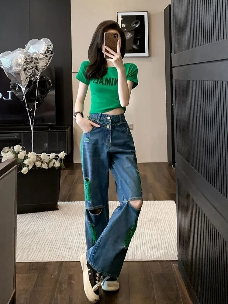 Wide Leg Denim Pants for Women Straight High Waist Shot Trousers Loosefit Fitted 2025 Quality Korean Fashion Woman Ripped Jeans