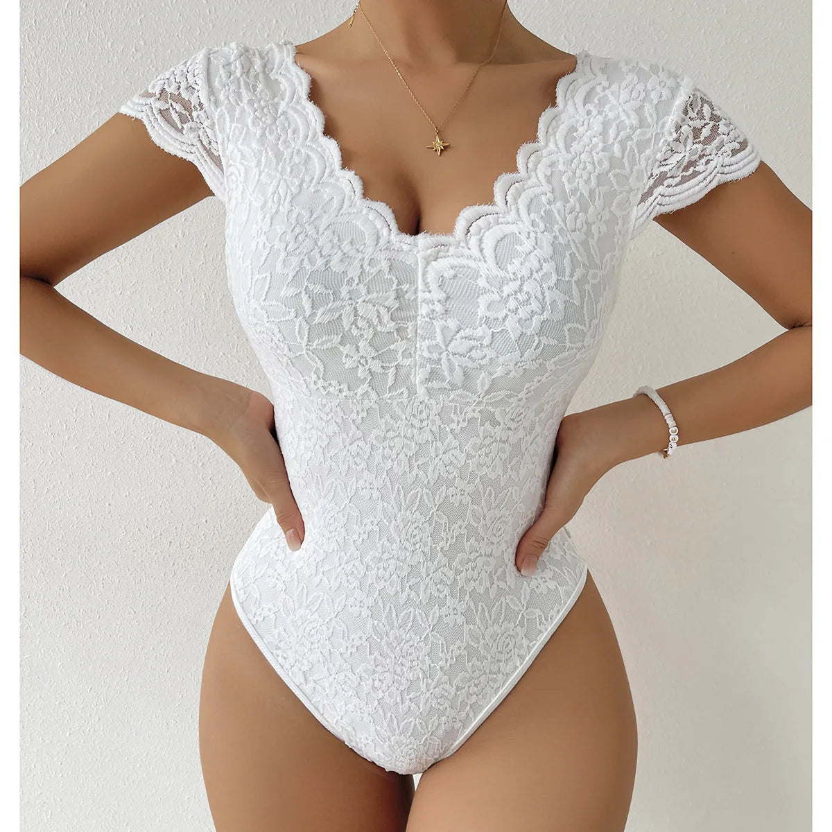 Women's Elegant White Lace Bodysuits Summer One Piece V-neck Jumpsuit Thongs Bodyshaper Tops Fashion Sexy Slim Fitted Shapewear