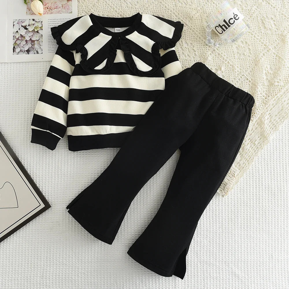 Girls' Long Sleeve Set Autumn and Winter New Girls' Large Lapel Pleated Stripe Top+Bell-bottoms Two Piece Girls' Set