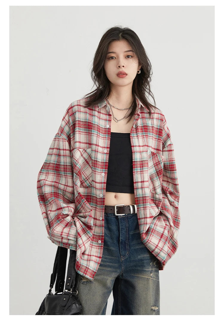 CHIC VEN Women's Cotton Shirt Single Breasted Loose New Retro Color Blocked Grid Female Blouses Autumn Spring 2024