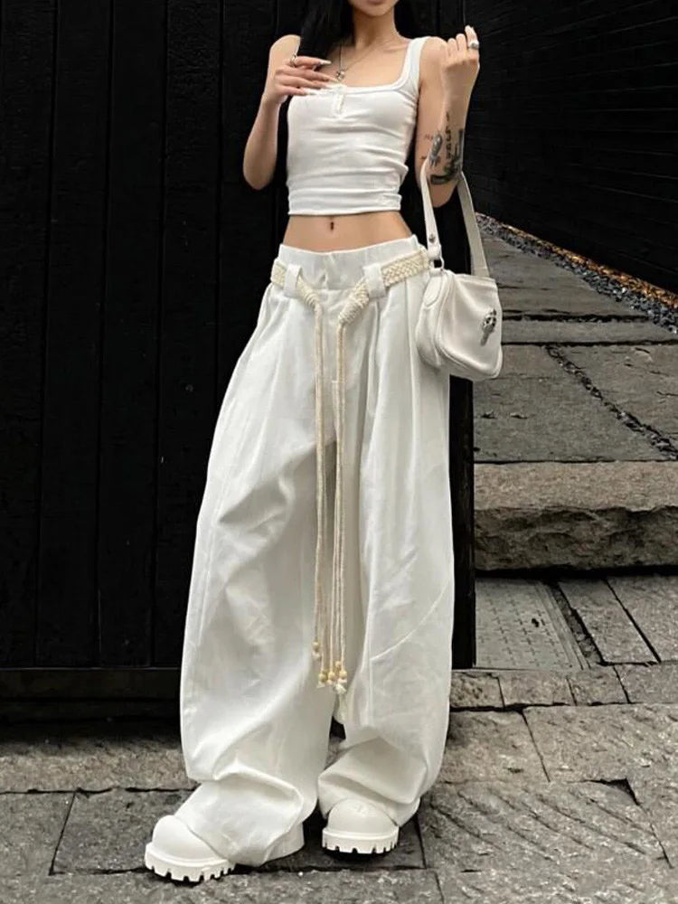 Y2K Casual Wide Leg Pants Women American High Street Fashion Sweatpants White Loose All Match Pleated Trousers Female New