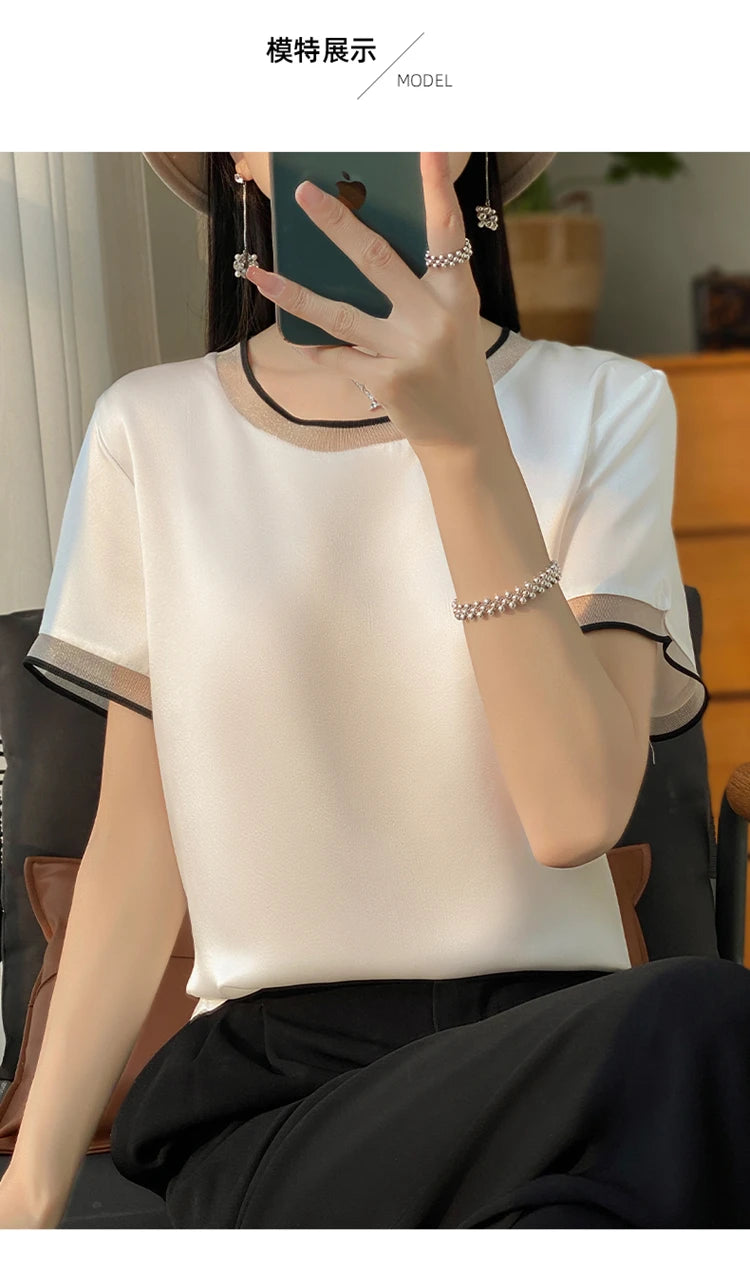 Oversize New Arrival T-Shirt Silky Satin Surface Women's Tees Short ONeck Tank Top Casual Slim Solid Lady Clothes Fashion Trends