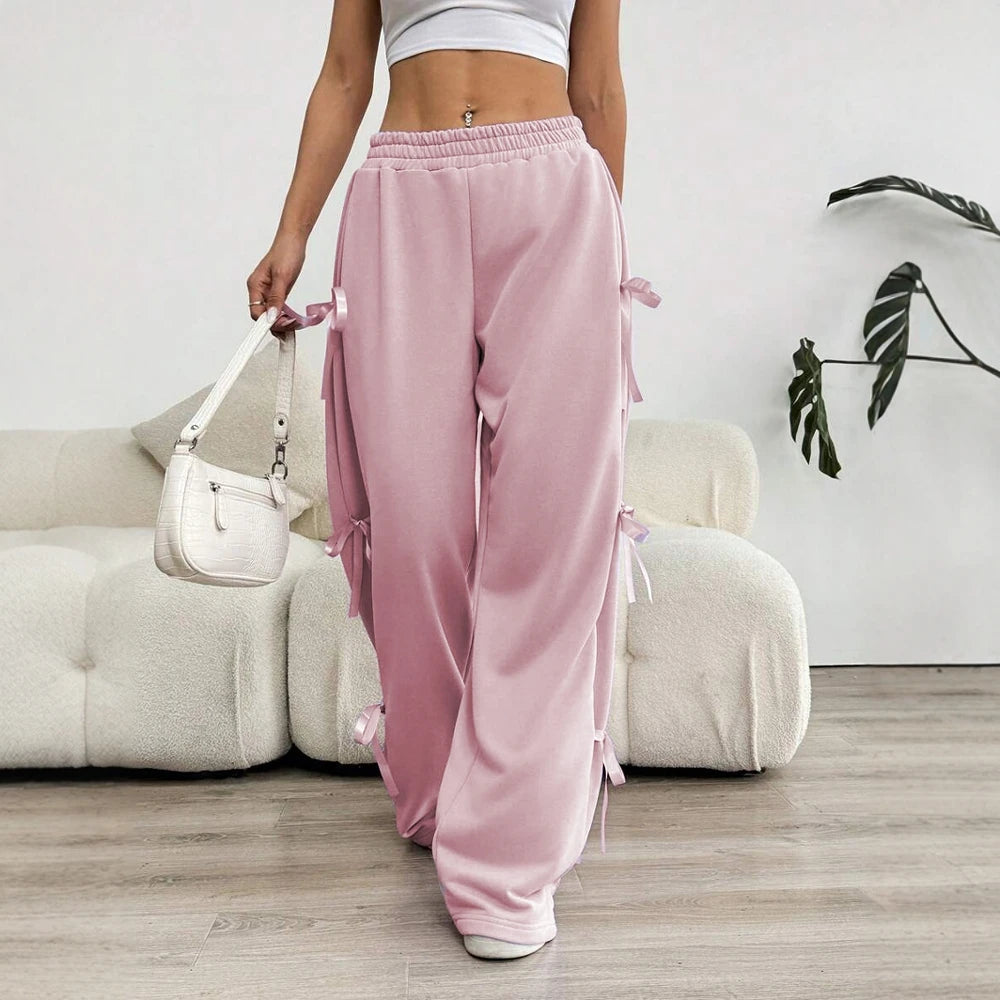 Mia Muse Women's Summer Pants 2025 Sporty Plain Bowknot Full Length High Waist Wide Leg Daily Basic Pants