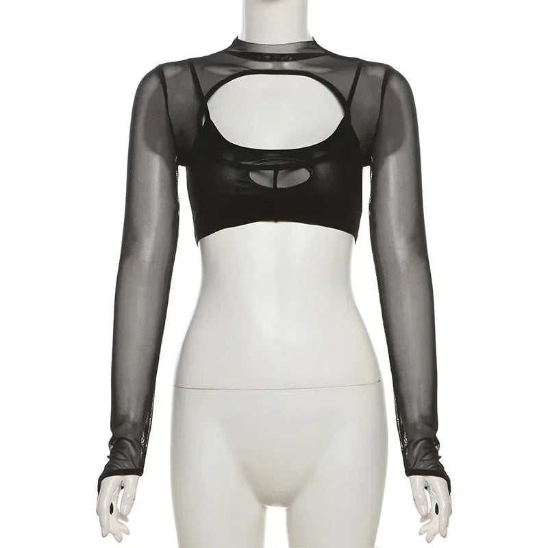 See Through Y2k Clothes Hollow Out Mesh Crop Top Skinny Camisole Mini Ropa De Mujer Rave Outfits 2 Pcs Set T Shirts For Women